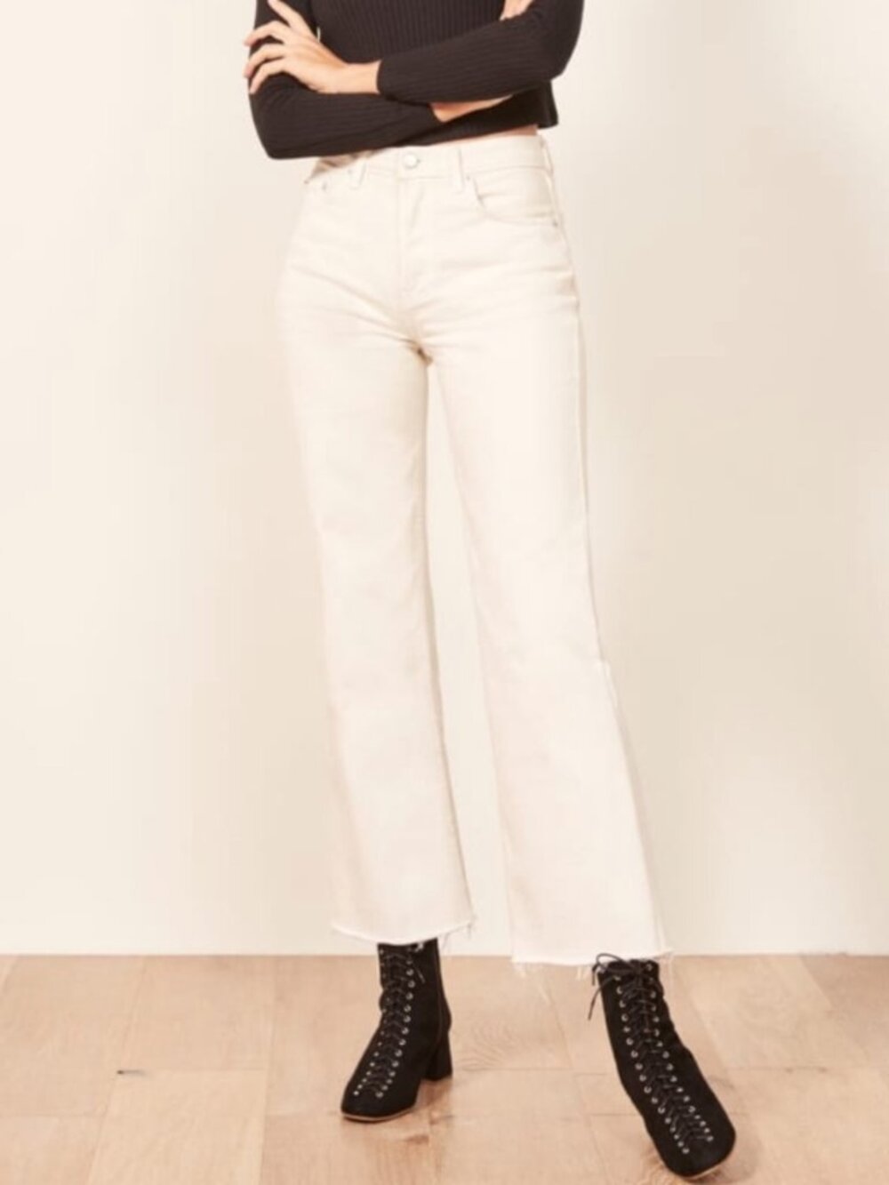 Reformation Fawcett high waist Ivory straight leg raw hem crop jeans Sz 29